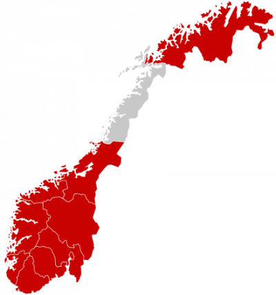 Norway, showing regions where the Covid-19 virus is found, as of 6 March 2020. 