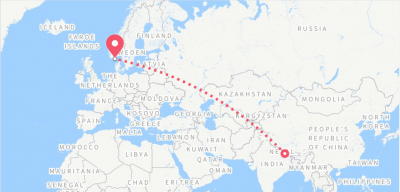 Flightroute-Kathmandu-Bangkok-Oslo-Kristiansand